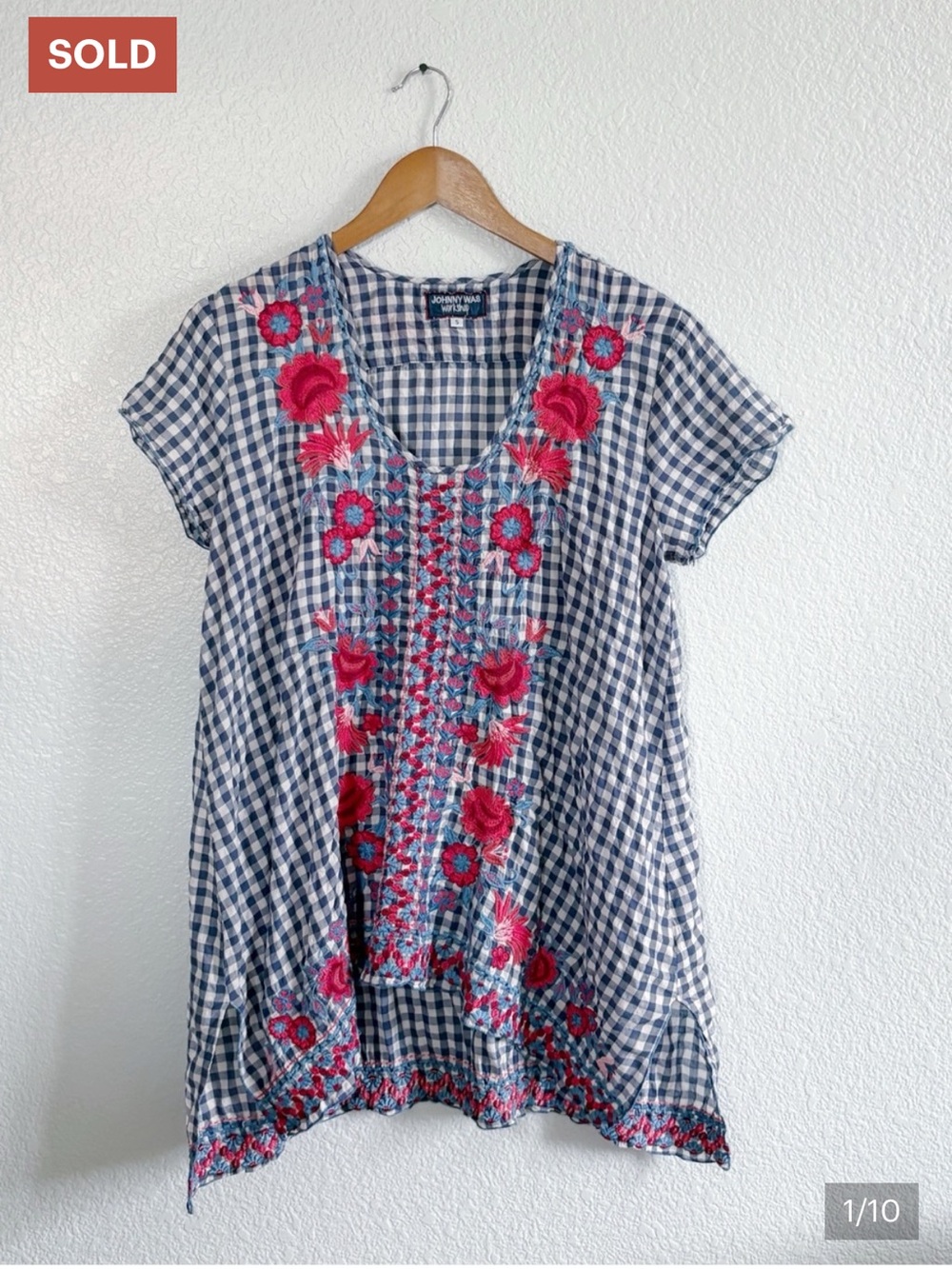 Johnny Was Navy and White Gingham Embroidered Floral Tunic Dress
